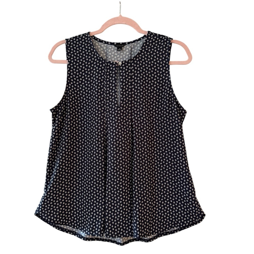 Ann Taylor Navy Blue Dotted Pleated Matte Jersey Shell Sleeveless Top Size M